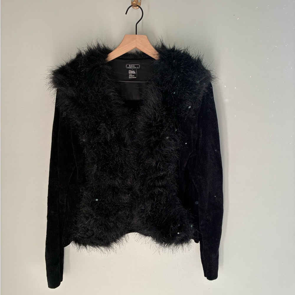 Vintage Y2K Faux Fur Statement Collar Black‎ Cardigan Sweater Size Large